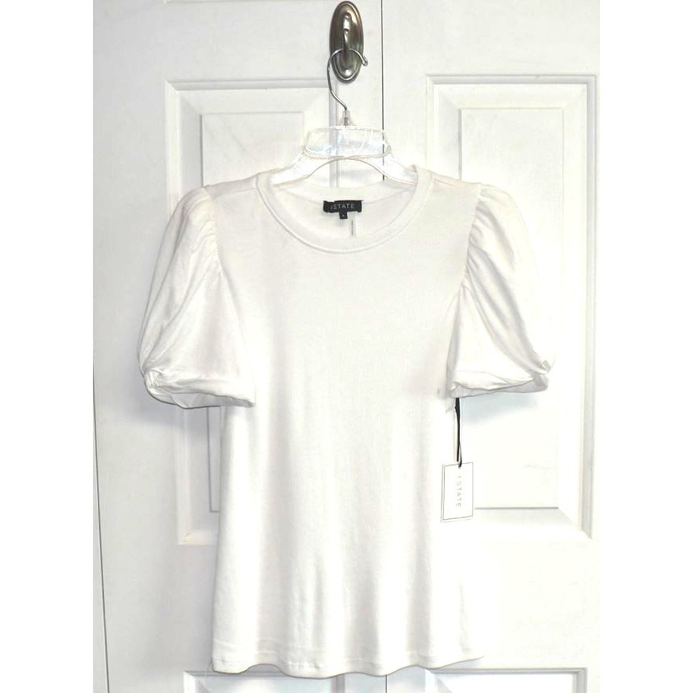 1.State Womens Twist Puff Short Sleeve Rib Body Cotton Crew Neck Tee White Small - Picture 3 of 7